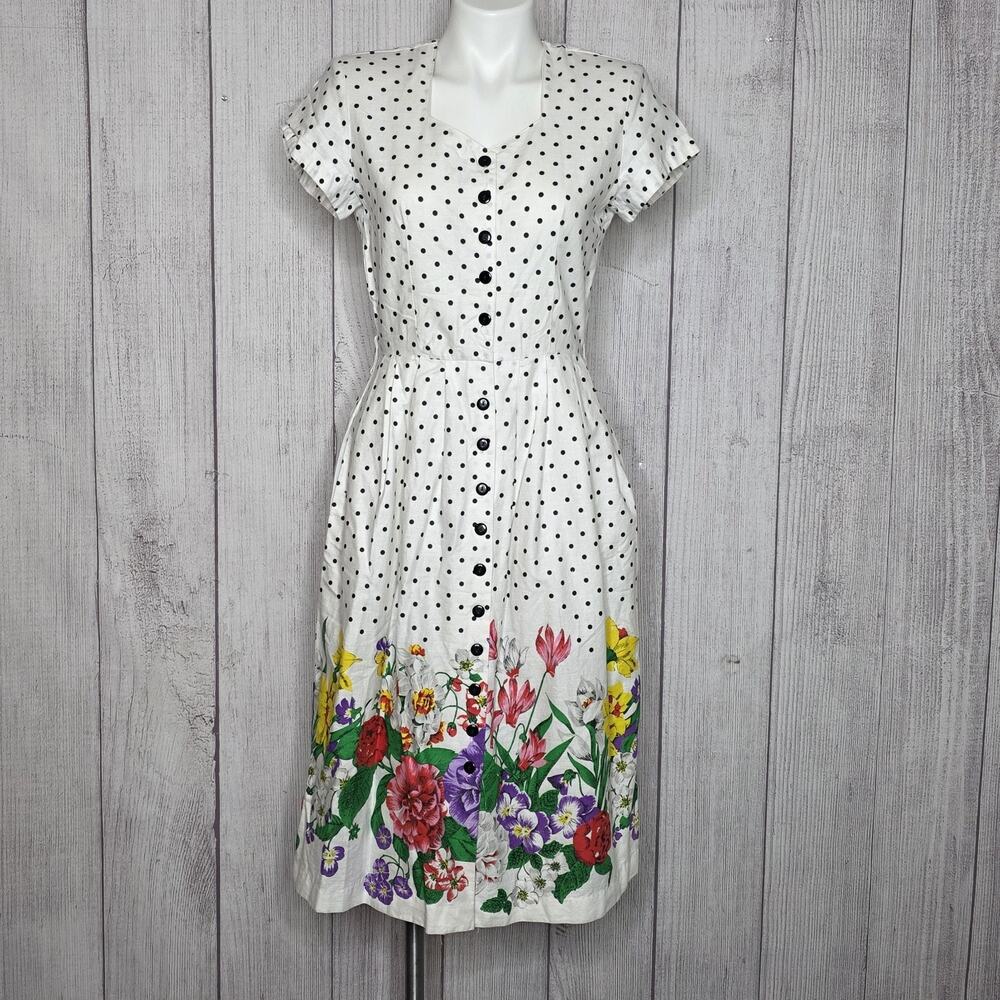 Vintage 80s Tina Barrie Floral Polka Dot Midi Dress Cotton Garden Tea Party - S